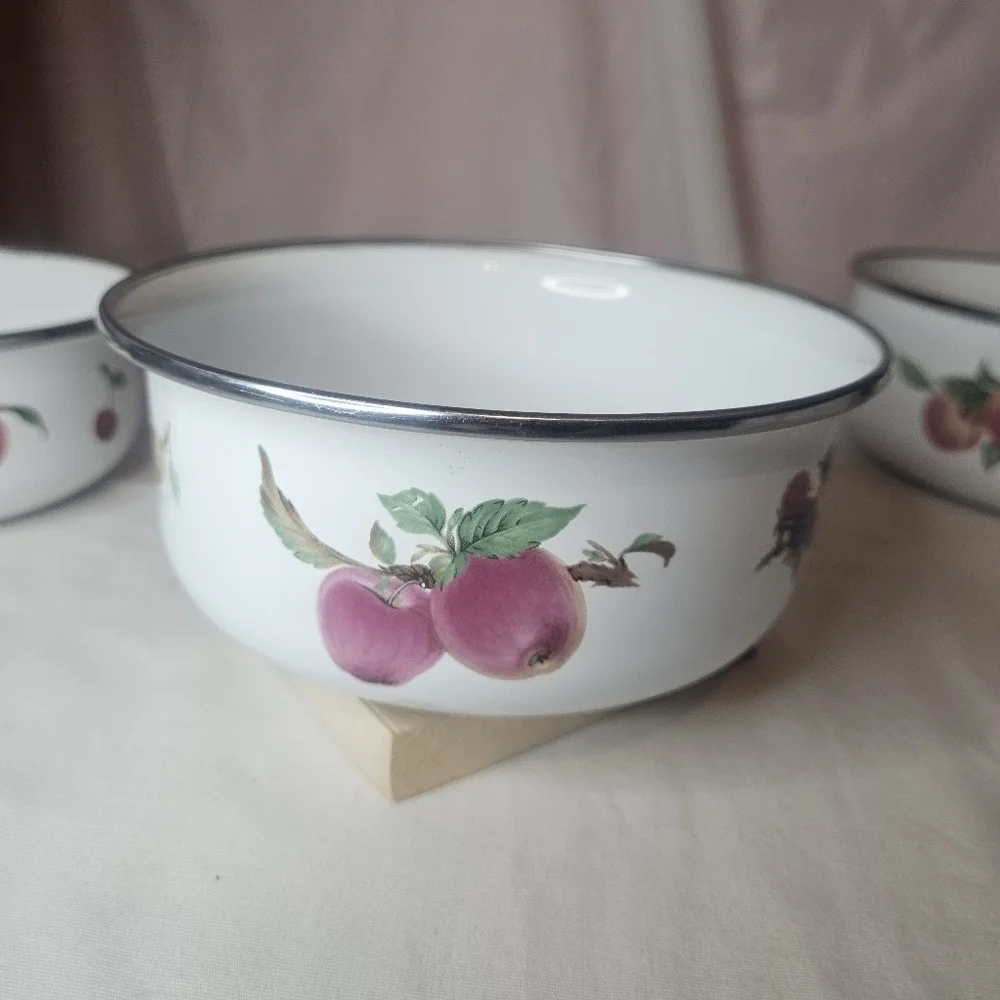 Vintage Enamel Fruit Bowls - Set Of 3 - Cherry, Raspberry, Apple, Grape, Peach